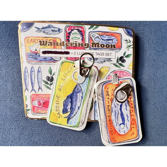Wandering Moon 2 Luggage Tags Sardines Caviar Traveler Gift FUN Suitcase Travel - Picture 1 of 3